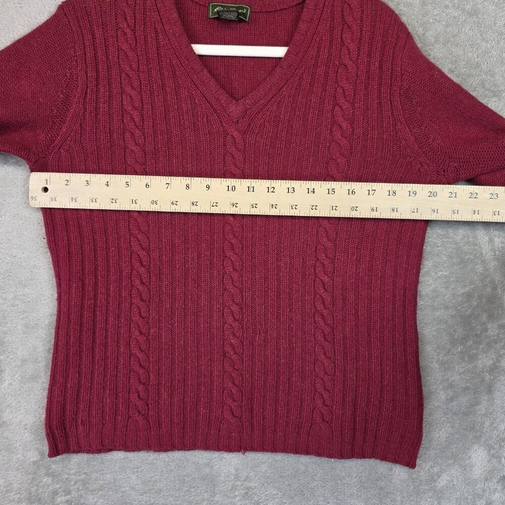 Eddie Bauer Sweater Womens Medium Red Angora V Neck Cable Knit Elbow Patch - Picture 12 of 14
